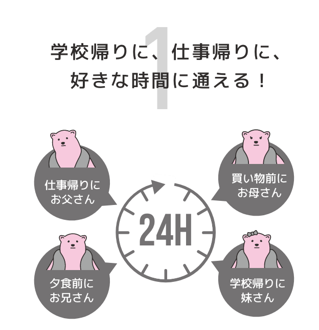 学校帰りに、仕事帰りに、好きな時間に通える！